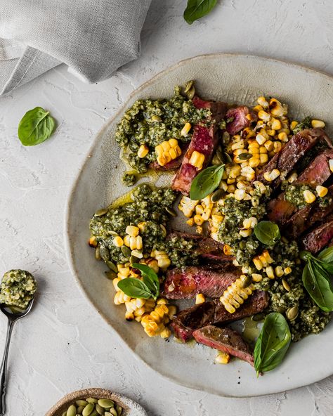 Sirloin Steak with Pumpkin Seed Pesto and Charred Corn Pumpkin Seed Pesto, Charred Corn, Sirloin Steak, Food Content, Pumpkin Seed, Sirloin Steaks, Packaged Food, Pumpkin Seeds, Content Creators