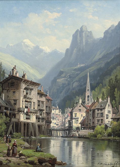 An Alpine town in Spring by Charles Euphrasie Kuwasseg (French 1838-1904) Adolphe Weisz, Era Victoria, Pintura Exterior, 19th Century Paintings, Aesthetic Painting, Nature Paintings, Environmental Art, French Art, Fantasy Landscape