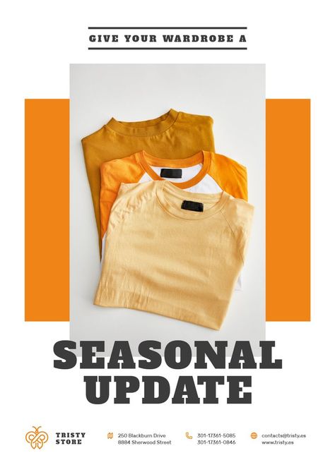 Clothes Store Ad with Basic T-shirts in Orange — Create a Design Clothes Advertising Design, Poster Clothing Brand, T Shirt Advertising Idea, Clothing Brand Ads, T Shirt Ads, Tshirt Ads, Static Clothes, Advertising Clothing, Orange Poster