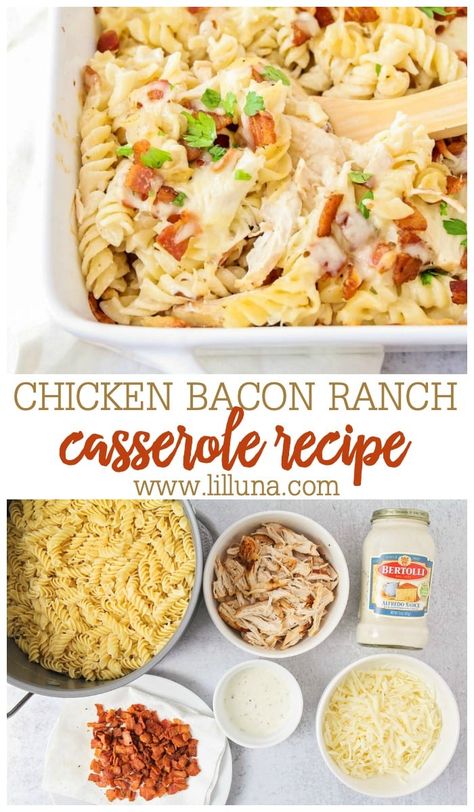 Chicken Bacon Alfredo, Bacon Ranch Casserole, Bacon Ranch Pasta, Easy Shredded Chicken, Ranch Casserole, Creamy Alfredo Sauce, Chicken Bacon Ranch Pasta, Chicken Bacon Ranch Casserole, Favorite Pasta Recipes