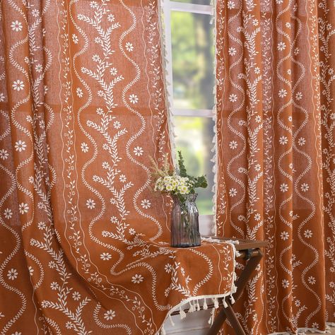 PRICES MAY VARY. Boho Curtains: Schweek floral window curtains is a delicate fusion of nature's beauty and elegant design. Made from a natural linen blend fabric, this stylish set brings the outdoors in with a captivating neutral floral pattern. These curtains go perfectly with a wide range of styles including bohemian, farmhouse, country, and modern. 2 Panels Farmhouse Curtains: Schweek tassel linen curtains package includes 2 panels, each measuring 52"W & 84"L (104"W for pair). You can slide t Sage Green And Terracotta Bedroom Decor, Curtains For Knotty Pine Walls, Western Window Curtains, Curtains Doorway Entrance, Country Curtains Farmhouse Style Bedroom, Cottagecore Bedroom Curtains, 60s Boho Decor, Living Room Western Boho, Home Decor Bedroom Cozy