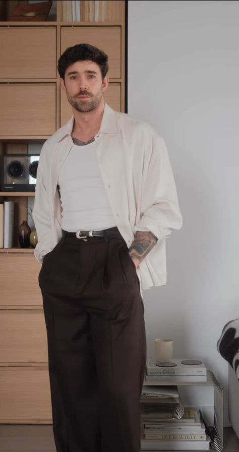 Mens Casual Evening Outfit, Trending Male Outfits, Men Clothing Styles Aesthetic, Mens Musician Style, Brown Shirt Outfit Men Street Styles, Semiformal Outfit Hombre, Men’s Vintage Fashion, Daniel Simmons, Smart Casual Menswear