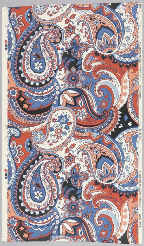 On white ground, overscaled, simplified paisley pattern in three shades of blue, black, red and pink. Cooper Hewitt, Paisley Wallpaper, Paisley Art, Textile Pattern Design, Paisley Design, Design Museum, Paisley Pattern, Textile Patterns, Mandala Design