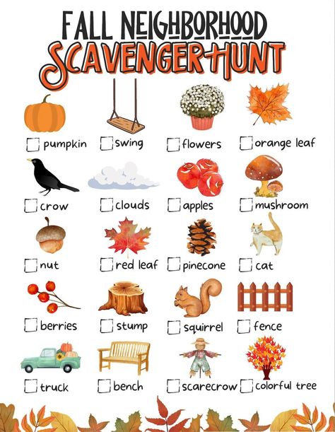 Family Fall Scavenger Hunt Ideas, Halloween Scavenger Hunt In The Woods, Call Activities For Preschool, Fall Themed Scavenger Hunt, November Scavenger Hunt, Signs Of Fall Scavenger Hunt, Toddler Fall Scavenger Hunt, November Scavenger Hunt For Kids, October School Age Activities