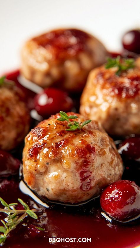 These Turkey Meatballs with Cranberry Glaze are a festive favorite! Tender ground turkey meatballs with a hint of sage and apple, topped with a sweet cranberry glaze infused with orange and ginger. Save for later and click through for more recipes! Turkey Meatballs With Cranberry Sauce, Christmas Turkey Meatballs, Cherry Glazed Meatballs, Cranberry Glazed Turkey Meatballs, Turkey And Stuffing Meatballs, Turkey Cranberry Meatballs, Turkey Meatball Recipes, Ground Turkey Pasta Recipes, Slow Cooker Turkey Meatballs