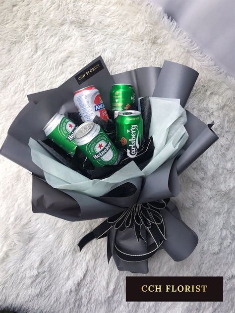 Bouquet Of Drinks, Food Bouquet For Him, Beer Bouquet For Him, Beer Bouquet, Snack Bouquet, Birthday Flower Delivery, Romantic Dinner Decoration, Melaka Malaysia, Cake Designs For Girl