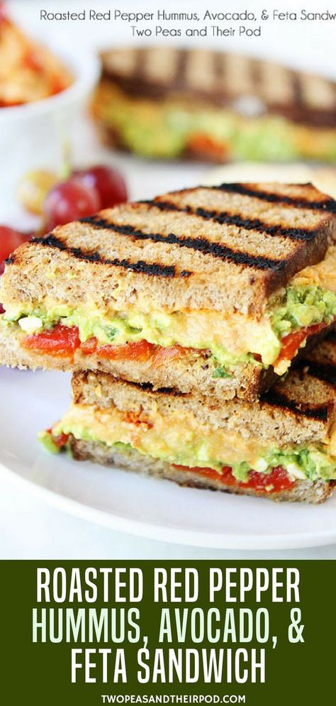 Feta Sandwich, Recipe Hummus, Hummus Avocado, Vegetarian Roast, Vegetarian Sandwich Recipes, Dinner Sandwich, Hummus Sandwich, Pepper Hummus, Quick Lunch Recipes