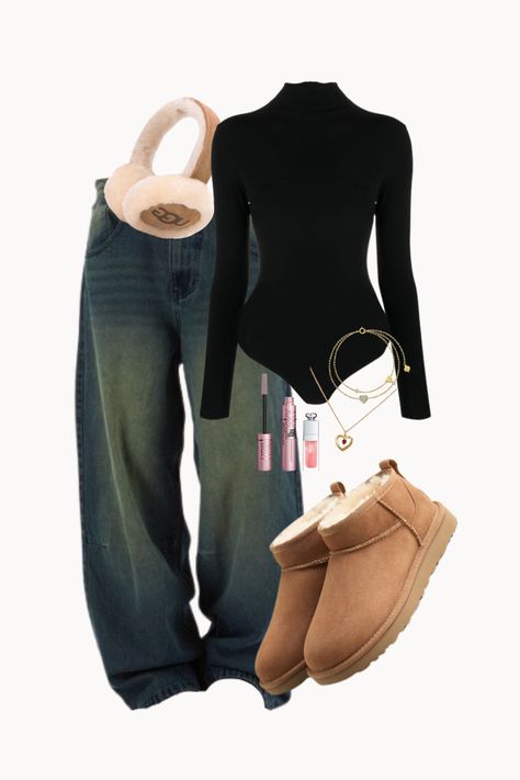 outfit inspo, outfit idea, school, fall/winter, clean girl, y2k, aesthetic, vintage | dark blue bagy oversized washed low waist jean, black long sleeve bodysuit, gold jewellery, gold red heart necklace, gold blue diamond bracelet, brown ultra mini uggs, maybelline skyhigh mascara, dior lip oil, uggs headphone earmuffs Y2k Bodysuit Outfit, Dark Wash Jeans Outfit Fall, Dark Brown Uggs Outfit, Skyhigh Mascara, Black Ugg Outfit, Outfit Idea School, Brown Uggs Outfit, Blue Bodysuit Outfit, Winter Clean Girl