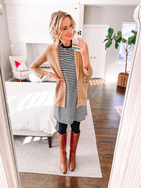 $10 Striped T-Shirt Dress 6 Ways in All Seasons - Straight A Style T Shirt Dress Outfit Winter, Shirt Dress Outfit Winter, T Shirt Dress Outfit, Dress With Leggings, Long Tshirt Dress, Striped Tshirt, Pink Denim Jacket, Straight A, Shirt Dress Outfit