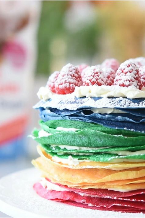 Rainbow Pancake Cake. If you can make one pancake, you can make this cake. All you need is food colouring to add some colour! Rainbow Pancake Cake, Rainbow Recipes, Rainbow Pancakes, Rainbow Waffles, Rainbow Desserts, Pancake Cake, Rainbow Stuff, Crepes And Waffles, Pancake Crepes