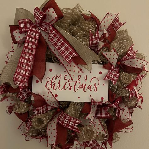 Christmas Handmade Wreath Will Look Amazing On Your Door This Holiday Season. Made On A Wire Frame With Poly Deco Mesh With Wire Ribbon And A Handmade Wooden Sign. Your Wreath Will Be Boxed With Care In A Box That Is Perfect To Store For Off Season. Christmas Signs For Wreaths, Christmas Burlap Wreaths For Front Door, Wreath Made With Ribbon, Winter Themed Wreaths, Christmas Ribbon Combinations, Christmas Deco Mesh Wreaths Diy, Library Wreath, Christmas Ribbon Wreath Diy, Boho Christmas Wreaths