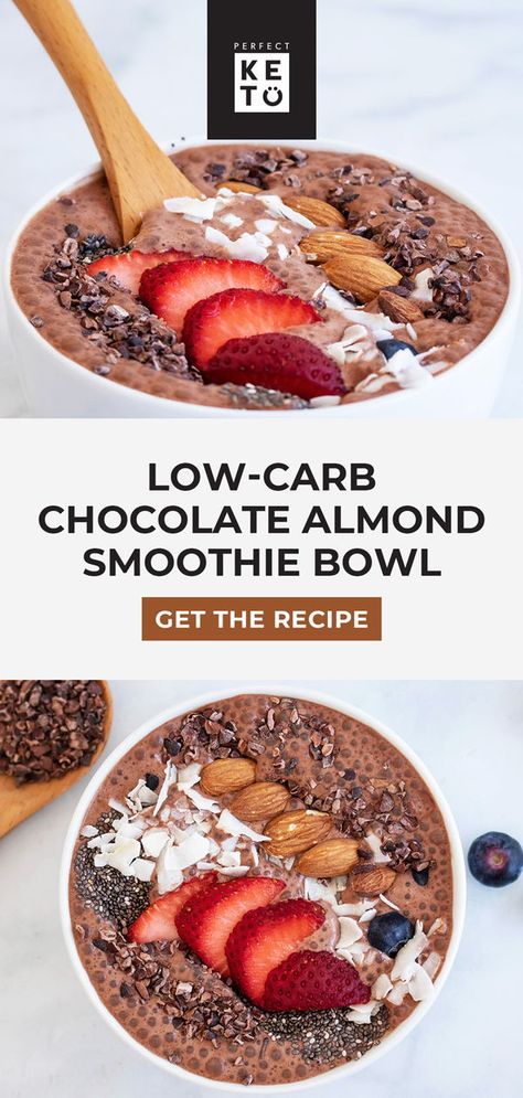 Keto Smoothie Bowl Recipe: This chocolate whey almond smoothie bowl with chia seeds, almond milk, chocolate protein, and cocoa powder is the perfect breakfast -- protein smoothie in a bowl. | #keto #KetoLifestyle #WeightLoss #FatLoss #Health #Healthy #HealthyLiving #HealthyLifestyle Keto Smoothie Bowl, Almond Butter Smoothie Bowl, Protein Breakfast Smoothie, Almond Butter Smoothie, Breakfast Protein, Keto Smoothie, Almond Smoothie, Keto Smoothie Recipes, Low Carb Breakfast Recipes