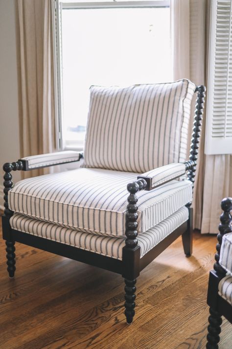 Spindle Chairs In Living Room, Ballard Designs Living Room, Bobbin Chair, Spool Chair, Spindle Chair, Kelly In The City, Striped Chair, Living Room Update, Room Deco