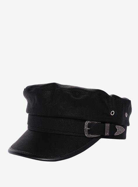 Buckle up  'cause we're bringing you the cutest cabbie hat to add to your wardrobe! This black cabbie hat has a western-inspired buckle on the side  and grommets up top.100% polyesterImported Goth Wishlist, Cabbie Hat Outfit, Punk Hat, Goth Hats, Cyberpunk Accessories, Y2k Hat, Cabbie Hat, Western Buckles, Punk Accessories