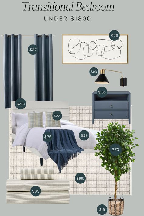 New England Style Bedroom, Modern Transitional Bedroom, Dark Blue Rooms, Sage Bedroom, Navy Bedrooms, Navy Blue Bedrooms, Rectangle Bedroom, Bedroom Mood Board, Walmart Home