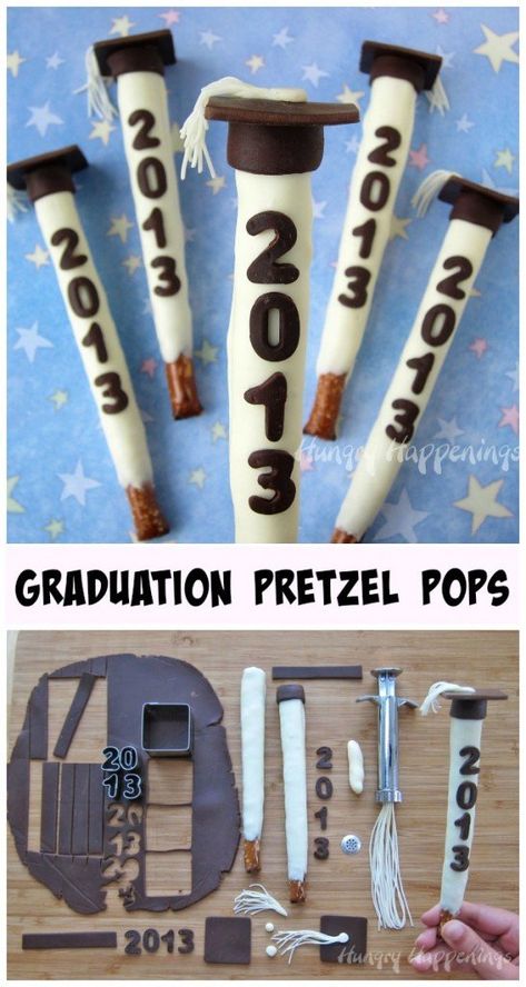 Make your commencement celebration extra special by serving Graduation Party Pretzel Pops. These white chocolate dipped pretzels decorated with modeling chocolate graduation caps can be personalized with the year of graduation, the school or the graduate's name. Graduation Party Snacks, Pretzel Pops, Graduation Party Desserts, Graduation Treats, Graduation Desserts, Senior Graduation Party, Graduation Party Foods, Graduation Party High, Chocolate Dipped Pretzels