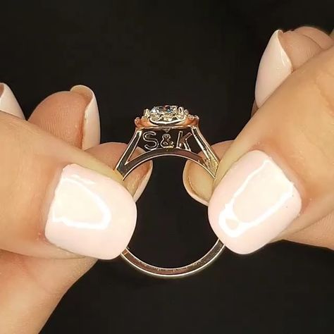 Engagement & Wedding 💍 Gallery on Instagram: “Gorgeous custom-made halo with hidden initials 😍🙌🏻 Who else loves this personalisaion option? 💗 Double tap if you love this & tag a…” Round Halo, Letter Ring, Handmade Gifts For Her, Moissanite Wedding Rings, Custom Initials, Matching Band, Initial Letter, Wedding Gallery, Moissanite Ring