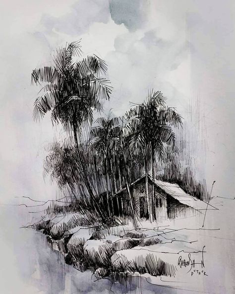 Pen Sketch Landscape, Pen Landscape Drawing, Black Pen Sketches, Pencil Sketches Landscape, Pencil Sketches Easy, Sketching Illustration, Landscape Pencil Drawings, Ballpoint Pen Art, Drawing Scenery