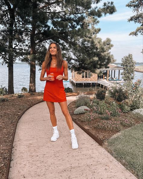 Red Dress Sneakers Outfit, Summer Mini Tennis Dress For Workout, Sporty Spring Tennis Mini Dress, Casual V-neck Tennis Dress For Summer, Sporty Tennis Dress With Built-in Shorts, Casual Mini Tennis Dress With Built-in Shorts, Aerie Outfit, Tennis Dress Outfit, Nike Sneakers Outfit