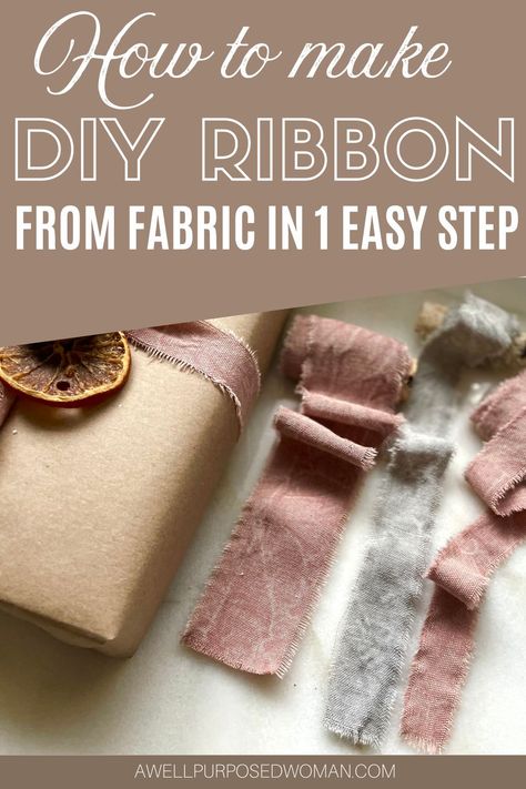 Learn how to make your own ribbon from fabric in just one step. Did you know you can make beautiful ribbon from fabric you may already have on hand? Making beautiful ribbon for gifts and decorations is actually very simple. This one step tutorial will sho you exactly how you can make your own ribbon for Christmas this year! #ribbon #diyribbon Diy Silk Ribbon, Diy Ribbon From Fabric, Diy Frayed Ribbon, How To Make Ribbon From Fabric, Make Ribbon From Fabric, Chiffon Ribbon Crafts, Fabric Ribbon Bow, Diy Chiffon Ribbon, Fabric Ribbon Diy