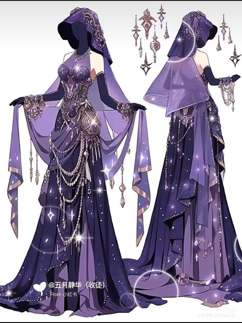 Fantasy Dresses Purple, Oracle Outfit Design, Anime Style Purple Costume For Fantasy Events, Purple Fantasy Dresses For Fantasy Events, Purple Dress Fantasy Art, Violet Fantasy Gown, Fantasy Costume Design, Pretty Homecoming Dresses, Art Outfits