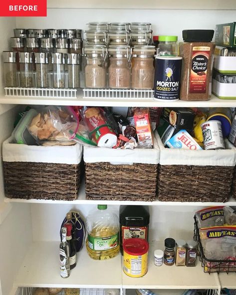 B&A: This Small Pantry Is All Cleaned Up with a Simple-yet-Effective Update L Shaped Pantry, Pantry Layout, Beautiful Pantry, Before And After Transformation, Pantry Baskets, Pantry Makeover, Small Pantry, Food Storage Container Set, U Shaped Kitchen