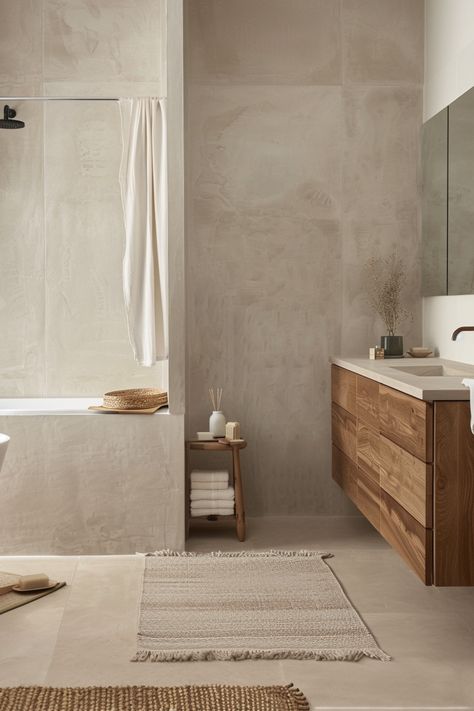 15 Japandi Bathroom Ideas for a Serene and Stylish Space – Everyday Inspo Natural Bathroom Inspiration, Bathroom Ideas Minimal, Organic Guest Bathroom, Modern Rustic Decor Bathroom, Scandinavian Small Bathroom Ideas, Shower Bench Decor, Neutral Bathroom Inspiration, Neutral Minimalist Bathroom, Earthy Minimalist Bathroom