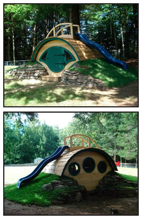 Hobbit Hole Playhouse with a slide on top! Hobbit Hole Playhouse, Hobbit Playhouse, Casa Hobbit, Backyard Playhouse, Build A Playhouse, Outdoor Play Area, Playhouse Outdoor, Hobbit Hole, Playset Outdoor