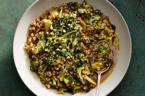 Broccoli and Farro Stew With Capers and Parsley Recipe - NYT Cooking Banana Pecan Bread, Parsley Recipes, Mushroom Salad, Vegan Main Dishes, Nyt Cooking, Cabbage Salad, Green Vegetables, Roasted Turkey, Bean Soup