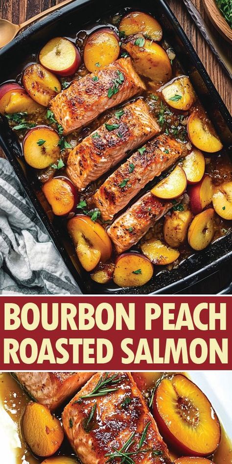 Bourbon Peach Roasted Salmon Ingredients: 4 salmon fillets 3 ripe peaches, halved and pitted 1/4 cup bourbon 2 tablespoons honey 2 tablespoons olive oil 1 tablespoon soy sauce 1 teaspoon Dijon mustard 2 garlic cloves, minced Salt and pepper to taste Fresh thyme for garnish (optional) #salmon #easyrecipes #camilarecipes Salmon Recipe Pan, Bourbon Salmon, Bourbon Glazed Salmon, Bourbon Glaze, College Meals, Impressive Recipes, Peach Recipe, Roasted Salmon, Quick Weeknight Meals