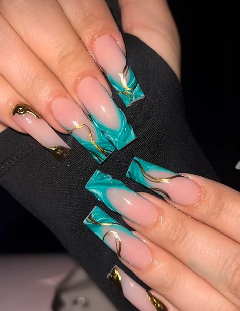 Ocean Blue Nails Acrylic, Ocean Blue Nails, Elite Nails, Aqua Nails, Teal Nails, Purple Acrylic Nails, February Nails, Sassy Nails, Long Acrylic Nail Designs