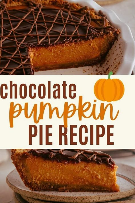 This chocolate pumpkin pie recipe is a variation on the classic pumpkin pie. It has the same creamy spiced filling but with a graham cracker crust and a smooth ganache topping along with a drizzle of melted milk chocolate. Every bite is the silky-spiced pumpkin pie you know and love with a kiss of decadent chocolate as a bonus. Perfect for Thanksgiving or Christmas dinner! Cheap Treats, Dump Desserts, Microwave Peanut Butter Fudge, Pie With Graham Cracker Crust, Zucchini Bars, Chocolate Pumpkin Pie, Classic Pumpkin Pie, Lemon Zucchini, Hand Pie Recipes