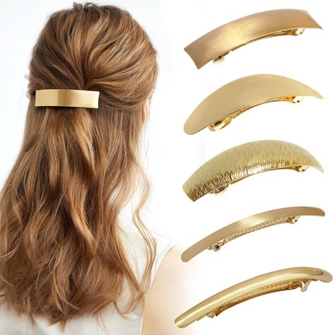 PRICES MAY VARY. Package includes: 5 pieces arc metal hair clips,Perfect for every occasion and any wonderful season.Elegant unique designed Fantastic hair clips for women lady Material: Alloy, high quality alloy makes them much pretty and exquisite Design: Simple design, fashionable style, add brilliance to your hair. The metal hair clip is designed with a snap switch that does not hurt the hair This long hair clip can go with any outfit you wear dressy or casual days NOT SUITABLE FOR CHILDREN Hair Clip Design Ideas, 90s Hair Clips, Gold Barrette, Purim Costume, Hair Clips Gold, French Pin, Hair Accessories Gold, Gold Hair Clip, Banana Clips