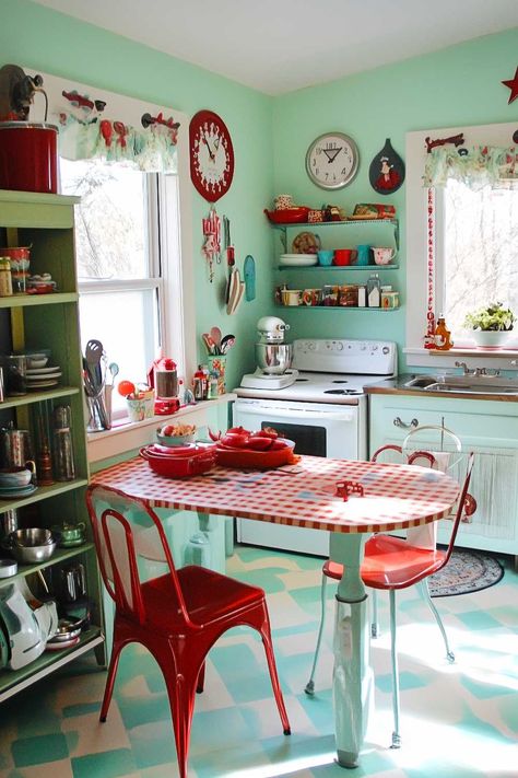 100+ Kitschy Kitchen Inspo Embrace Your Inner Vintage Vixen with These Fab Design Ideas Vintage Kitsch Aesthetic, Coffee Table Placement, 50s Kitchen Vintage, Funky Kitchen Ideas, Thrifted Kitchen, 50’s Kitchen, Kitschy Aesthetic, Vintage Kitchen Decor Retro, 1950s Kitchen Decor