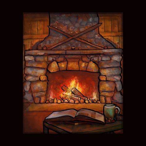 Fireplace Illustration Drawing, Fireplace Painting Canvas, Christmas Fireplace Drawing, Fireplace Sketch, Fireplace Painting, Fireplace Winter, Cottage Drawing, Fireplace Drawing, Cozy Winter Cabin