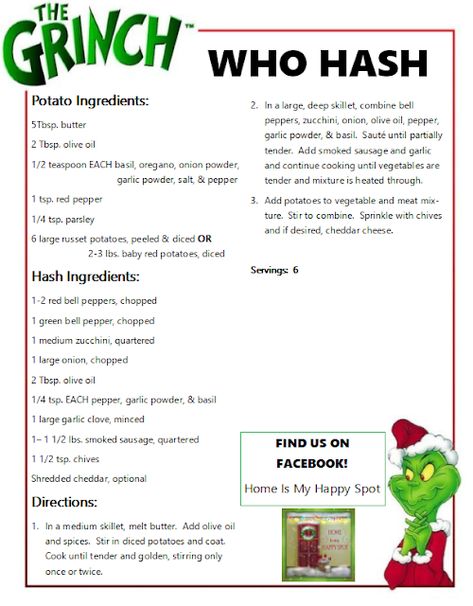 The Grinch's Who Hash Recipe Who Feast The Grinch, Grinch Themed Christmas Dinner, Grinch Themed Christmas Party Foods, Christmas Menu Ideas Holiday Foods, Who Hash Grinch, The Grinch Movie Night Food Ideas, Roast Beast Grinch Recipe, Grinch Dust Recipe, Grinch Potluck Ideas