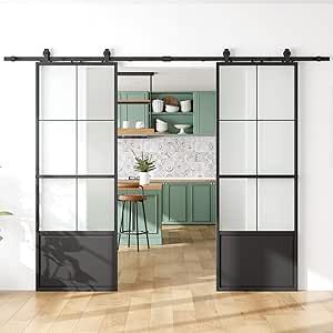 Sliding Metal Doors Exterior, Black Iron Glass Doors, Double Glass Doors Interior Office, Metal Barn Doors Sliding, Sliding Double Doors Interior, Modern Double Barn Door, Barn Door Office Doors, Black Glass Barn Door, Industrial Glass Door