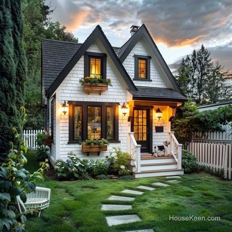 Cozy House Exterior, White Cottages, Cute Small Houses, Cute Cottages, Small Cottage Homes, Small Cottages, Cottage Aesthetic, Storybook Cottage, Cottage Exterior