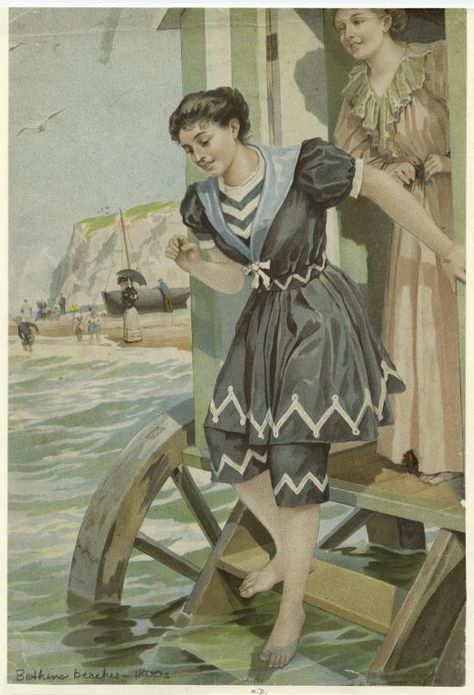 Women stepping from bathing machine into water, ca. 19th century. From New York Public Library Digital Collections. Images Victoriennes, Vintage Beach Photos, Bathing Costumes, Vintage Bathing Suits, Vintage Swim, Vintage Swimwear, Vintage Swimsuits, Beach Outfits, Edwardian Fashion