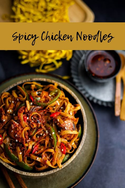 Spicy Chicken Noodles Spicy Noodles And Chicken, Spicy Noodles With Chicken, Spicy Asian Noodles With Chicken, Spicy Chicken Noodles Recipe, Chinese Food Recipes Chicken Noodles, Spicy Chicken Stir Fry With Noodles, Spicy Chicken Noodle Recipes, Spicy Stir Fry Chicken, Spicy Soy Noodles