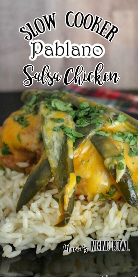 Super easy and perfect for a quick weeknight meal. Slow Cooker Poblano Salsa Chicken has just the right amount of spice and flavor. #easychicken #salsachicken Crockpot Poblano Chicken, Poblano Salsa, Poblano Recipes, Poblano Chicken, Poblano Peppers Recipes, Slow Cooker Salsa Chicken, Salsa Chicken, Easy Recipes For Beginners, Quick Weeknight Meals