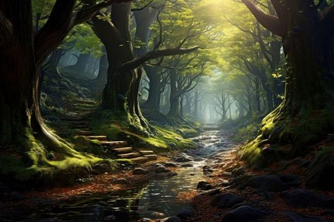 Magical forest landscape sunlight woodland.  | premium image by rawpixel.com / Hoshi Magical Forest Landscape, Tree Forest, Forest Landscape, Magical Forest, Water Lighting, Creative Studio, Design Resources, Tool Design, Forest