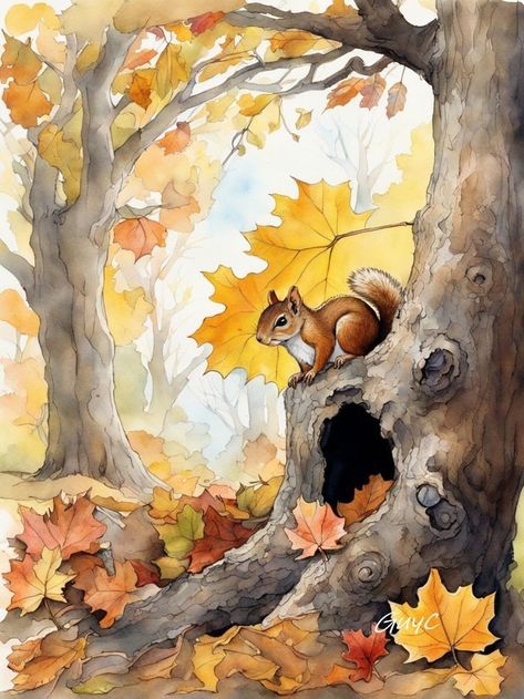 Forest Drawing With Animals, Fall Drawing Ideas, Tree In Autumn, November Art, Squirrel Painting, Autumn Animals, Fall Drawings, Fall Scenery, Thanksgiving Art