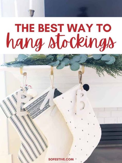 Best Stocking Holders For Christmas | SoFestive.com Simple Stocking Holders For Mantle, Diy Stocking Hooks For Mantle, Ways To Hang Stockings On Mantle, Christmas Stocking Hooks, Stocking Hooks Mantle, Simple Mantle, Diy Stocking Holder, Diy Mantle, Stocking Holders For Mantle