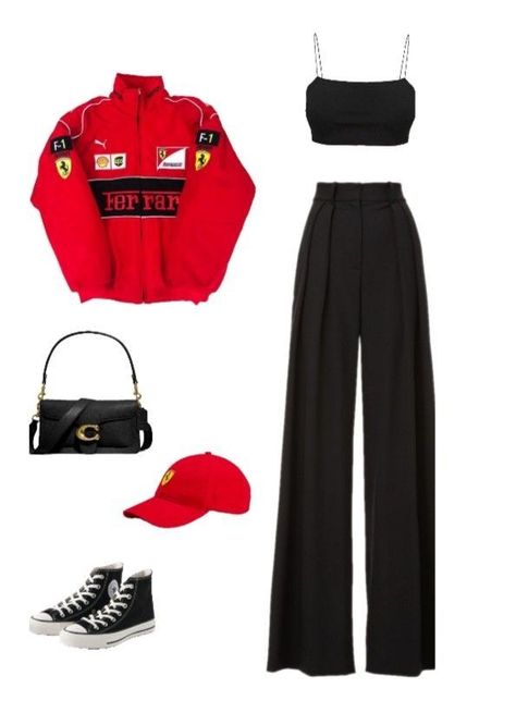 Racing Inspired Outfit, Race Outfit Aesthetic, F1 Ferrari Outfit, Bikercore Outfit, F1 Outfit For Women Ferrari, Formula 1 Outfit Women Ferrari, F1 Inspired Outfits, F1 Jacket Outfit, Formula 1 Outfit Women