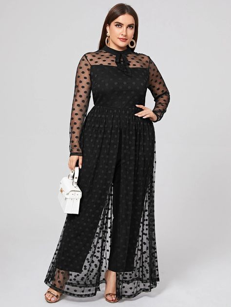 Plus Tie Neck Polka Dot Mesh Yoke Jumpsuit With Skirt | SHEIN USA Jumpsuit With Skirt, Plus Zise, Mock Neck Long Sleeve, Fashionista Clothes, Moda Plus, Mesh Skirt, Plus Size Jumpsuit, Plus Size Pants, Long Sleeve Jumpsuit