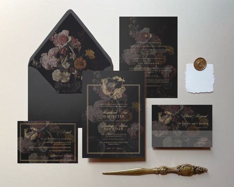 WELCOME Thank you so much for choosing The Painted Papier for your wedding invitations! This dark, moody floral design with gold crest monogram elements from our Fae collection is a perfect opening statement piece for your wedding. At The Painted Papier, our goal is to pair you with the perfect wedding design for your aesthetic and help you carry it through the whole of your wedding timeline. We can match you with coordinating items from your save the dates all the way to your wedding thank you Dark Floral Wedding Invitation, Moody Romantic Wedding Invitations, Dark Wedding Invites, Dark Romantic Wedding Invitations, Moody Save The Dates, Moody Invitations, Goth Wedding Invitations, Gothic Fall Wedding, Gothic Invitations