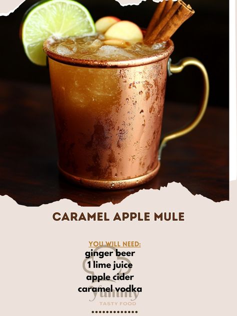 🍎✨ Get ready to elevate your cocktail game with our delicious Caramel Apple Mule! 🍹🍏 Caramel Apple Mule Ingredients: - 2 oz caramel vodka - 1 oz apple cider - 1/2 oz lime juice - 4 oz ginger beer - Caramel sauce, apple slices, and cinnamon sticks for garnish Instructions: 1. In a shaker, combine caramel vodka, apple cider, and lime juice. 2. Shake well and strain into a copper mug filled with ice. 3. Top with ginger beer and stir gently. 4. Garnish with a drizzle of caramel sauce, apple sl... Caramel Apple Cider Mule, Caramel Vodka Apple Cider, Beer Caramel, Vodka Apple Cider, Apple Mule, Apple Cider Mule, Cider Mule, Caramel Apple Cider, Cozy Fall Recipes