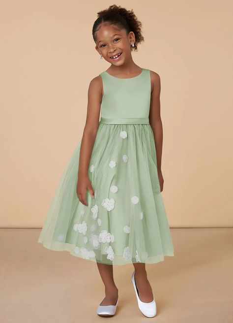 Dusty Sage Azazie Minny Dusty Sage A-Line Lace Tulle Dress | Azazie Sage Flower Girl Dress, Green Flower Girl Dresses, Flower Girl Outfits, Tea Length Flower Girl Dress, Flower Girl Outfit, Tea Length Tulle, Flower Girl Dresses Blue, Whimsical Dress, Bridal Party Attire