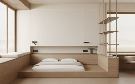 Japandi interior on Behance Minimalism Bedroom, Japan Interior, Minimalistic Interior, Japandi Interiors, Japandi Interior, Japanese Interior Design, Built In Furniture, Japanese Interior, Minimalism Interior